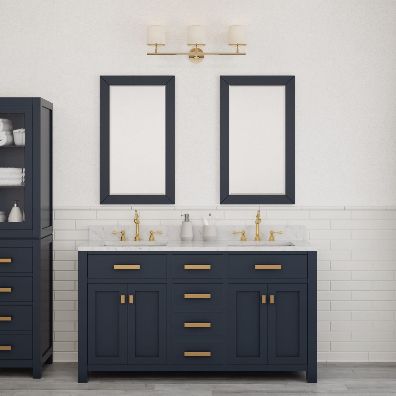 Dark Blue Bathroom Vanity with Gold Hardware