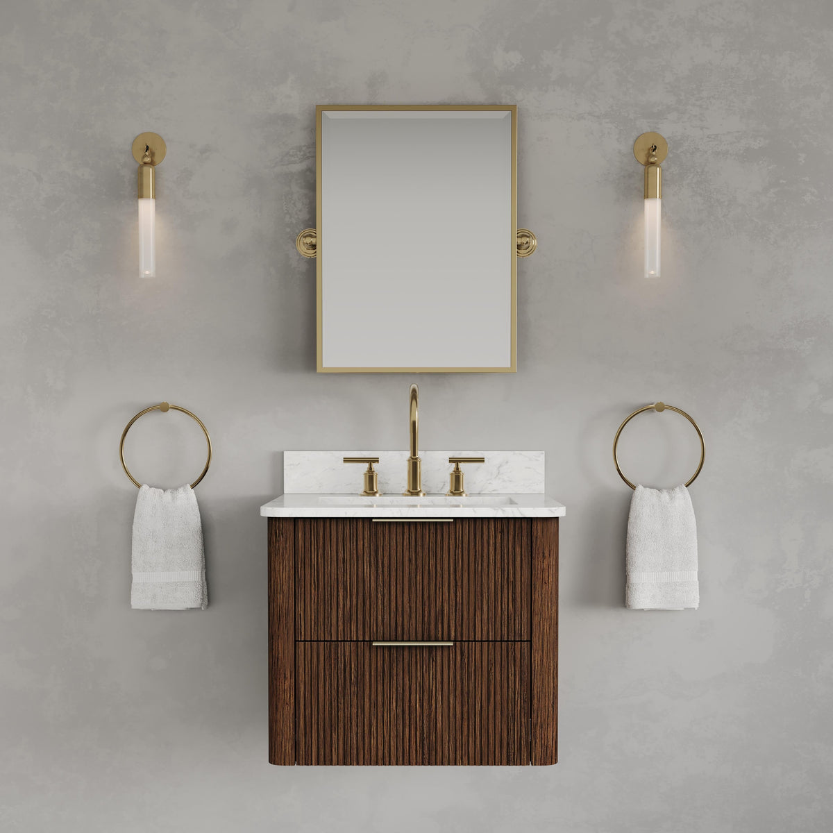Eureka 24-inch floating bathroom vanity in Truffle Oak with a Carrara white engineered marble top