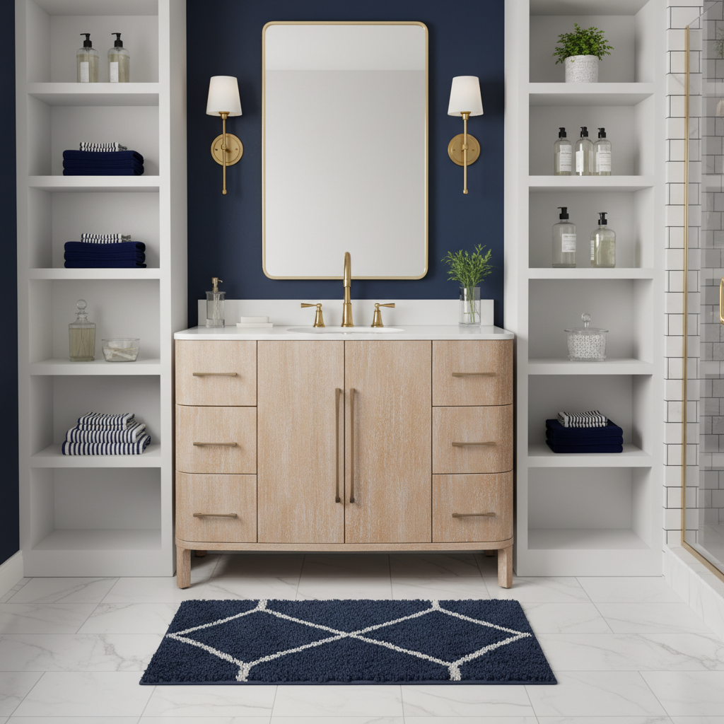 Light wood tone vanity with sage green background and gold accents