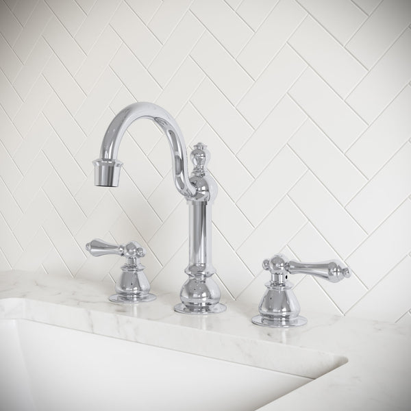 Bea American 20th Century Classic Hook Spout Widespread Deck Mount Lavatory Faucets F2-0012 With Pop-Up Drain
