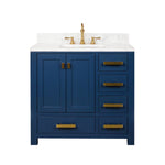 Madison 36 In. Carrara White Marble Countertop with Satin Gold Pulls and Knobs Vanity