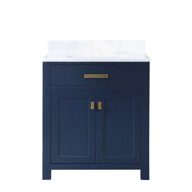 Madison 30 In. Carrara White Marble Countertop with Satin Gold Pulls and Knobs Vanity