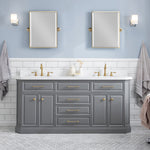 Palace 72 In. Quartz Countertop with Satin Gold Pulls and Knobs Vanity