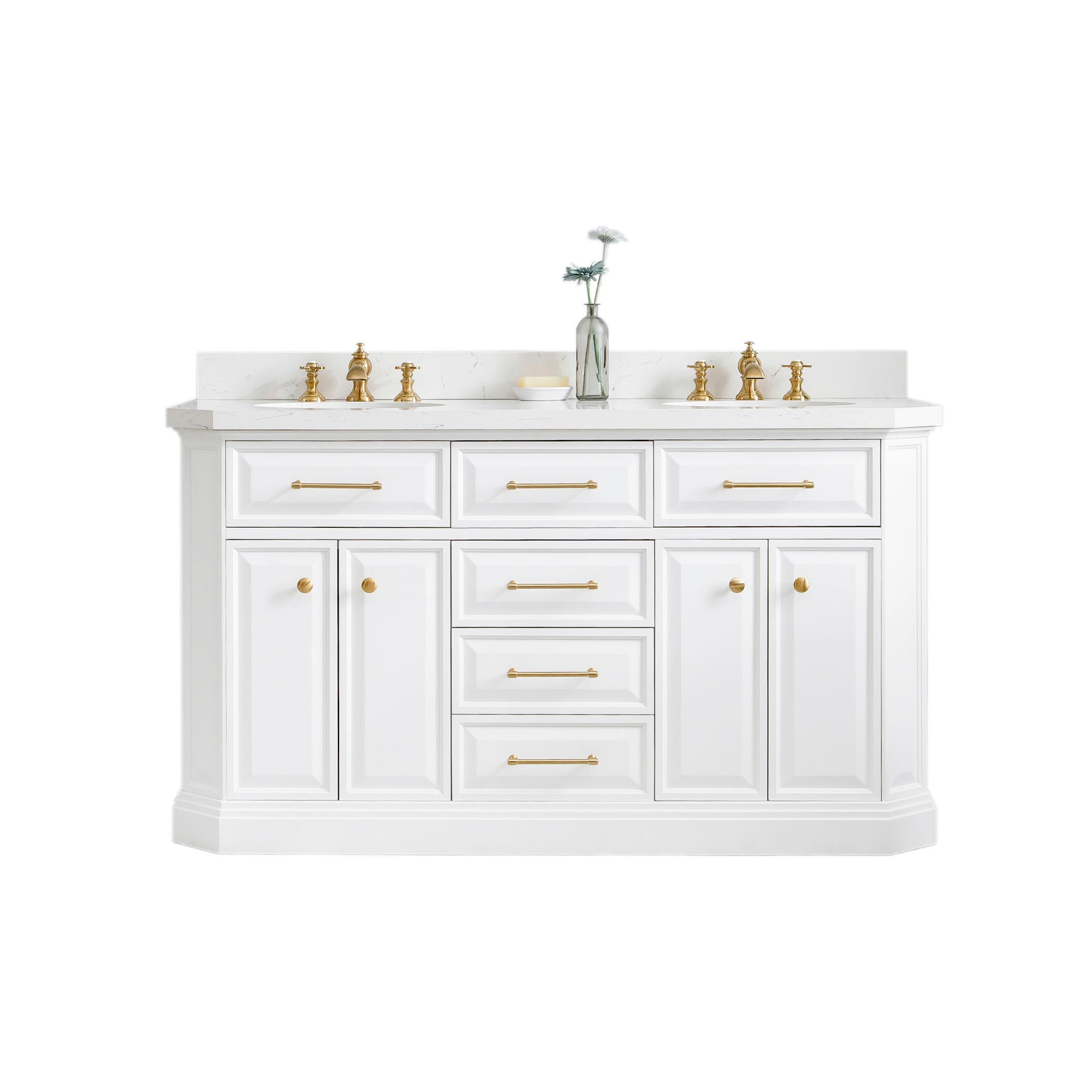 Palace 60 In. Quartz Countertop with Satin Gold Pulls and Knobs Vanity