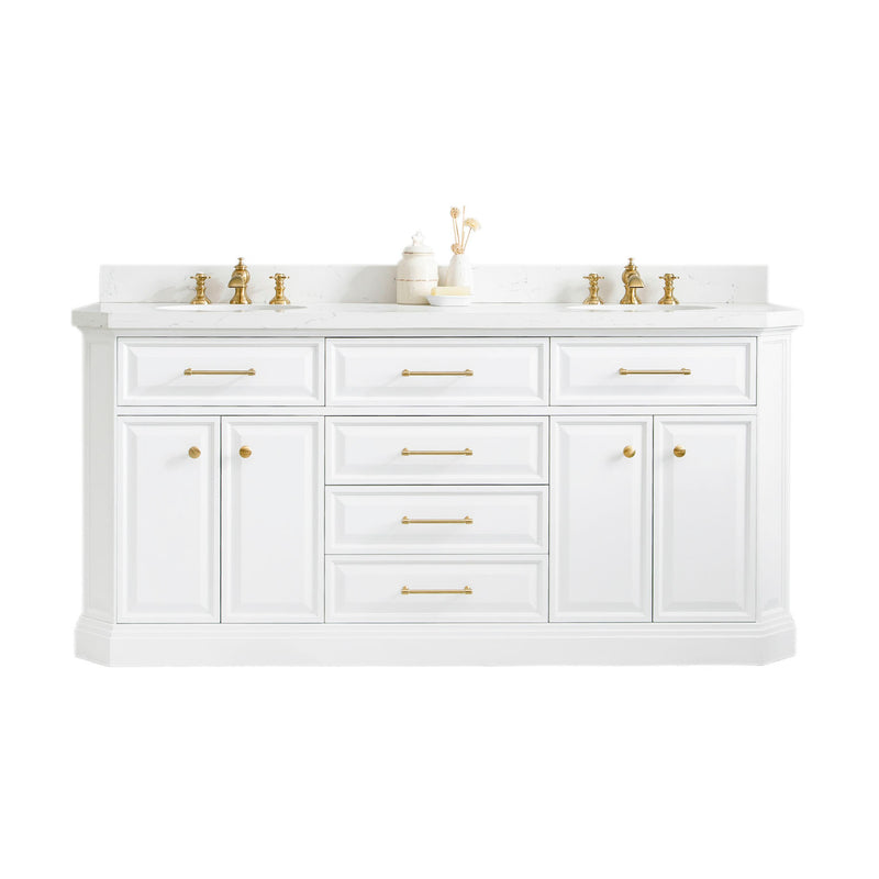 Palace 72 In. Quartz Countertop with Satin Gold Pulls and Knobs Vanity