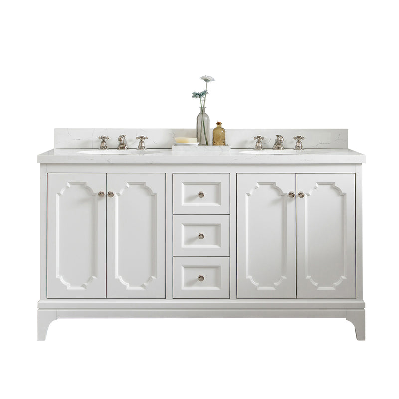 Queen 60 In. Quartz Countertop with Polished Nickel (PVD) Pulls and Knobs Vanity