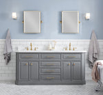 Palace 72 In. Quartz Countertop with Satin Gold Pulls and Knobs Vanity