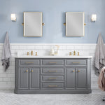 Palace 72 In. Quartz Countertop with Satin Gold Pulls and Knobs Vanity