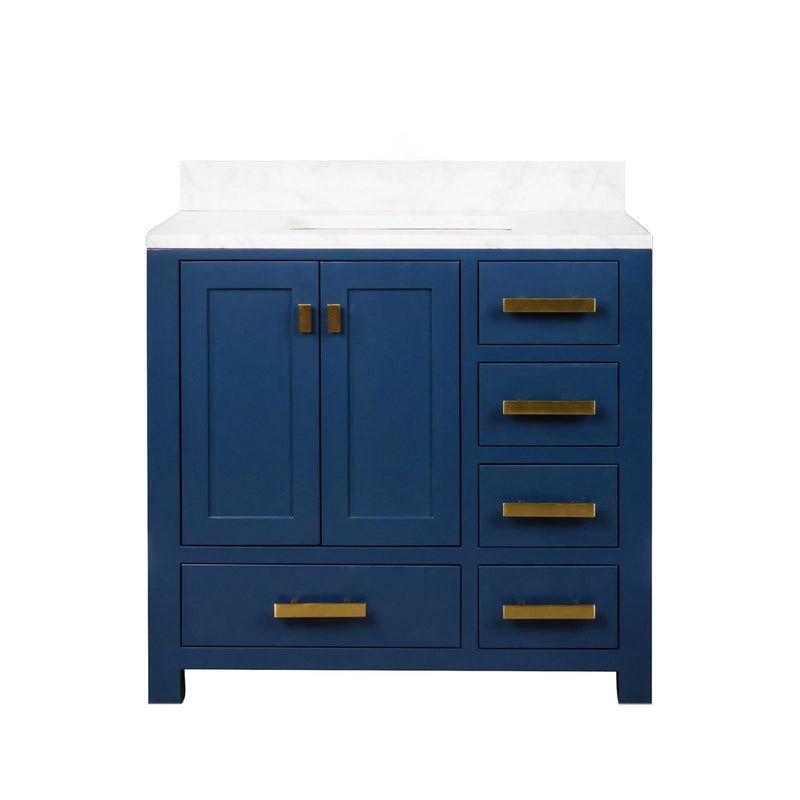 Madison 36 In. Carrara White Marble Countertop with Satin Gold Pulls and Knobs Vanity