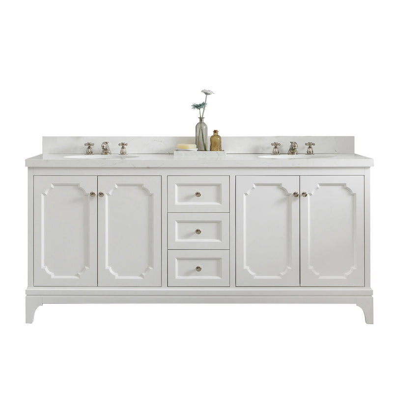 Queen 72 In. Quartz Countertop with Polished Nickel (PVD) Pulls and Knobs Vanity
