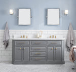 Palace 72 In. Quartz Countertop with Satin Gold Pulls and Knobs Vanity