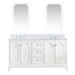 Queen 60 In. Carrara White Marble Countertop with Polished Nickel (PVD) Pulls and Knobs Vanity